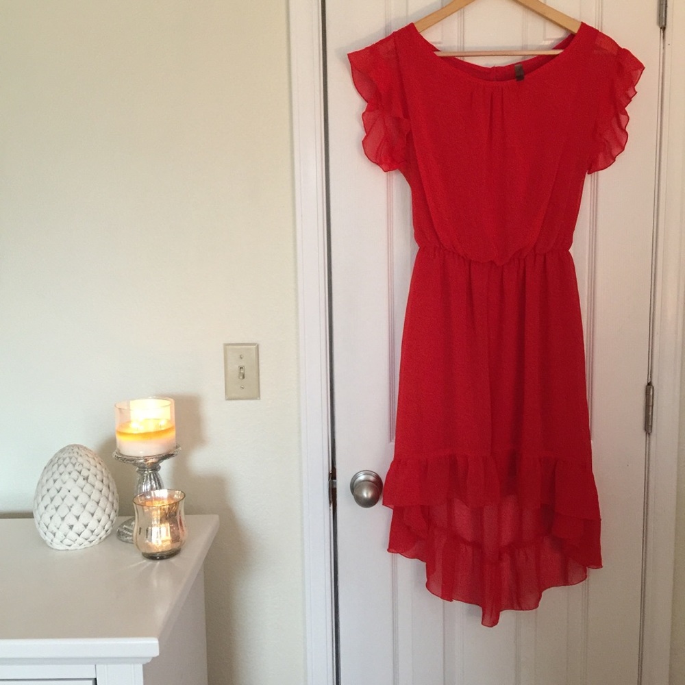 Flirty and fluttery red hi-low dress with ruffles
